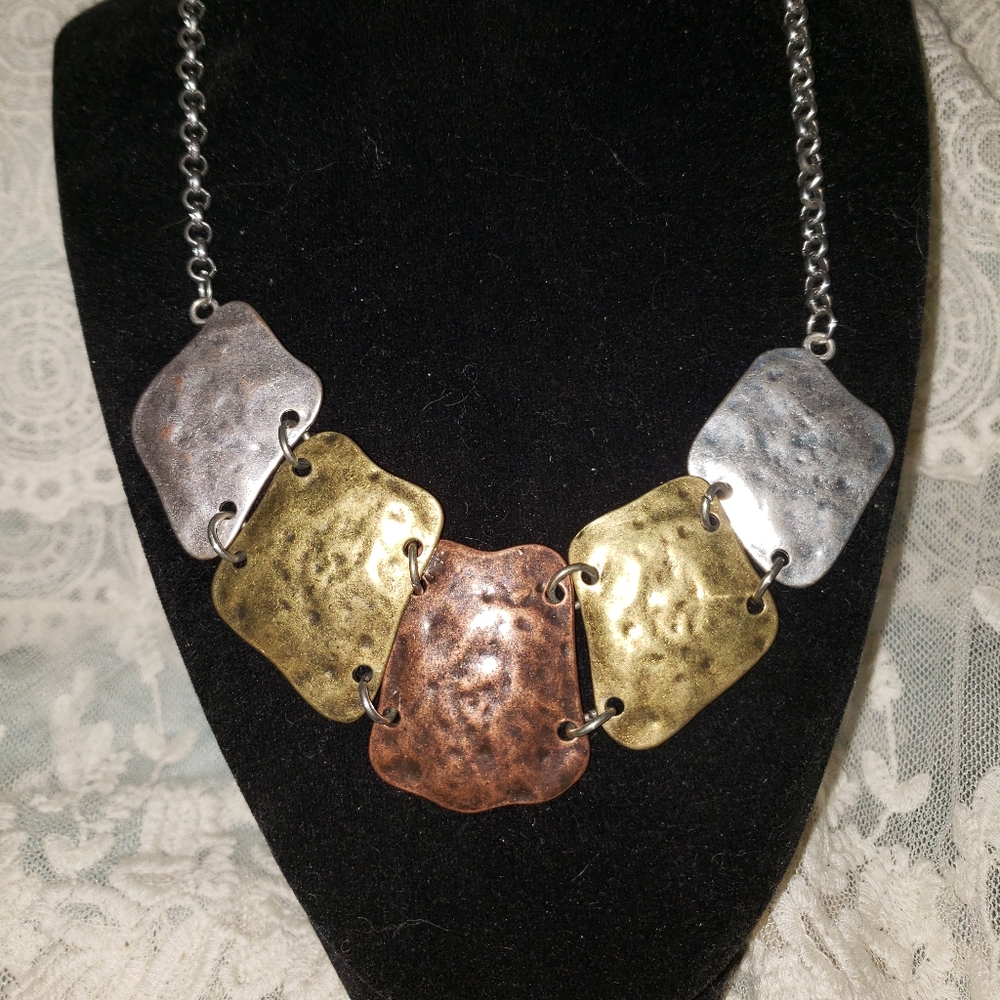 Silver,Brass, and Copper hammered plate necklace 18"